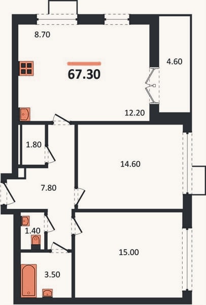 Планировка: 2-к, 67,3 м²