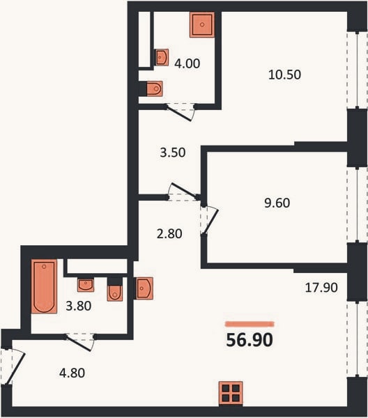 Планировка: 2-к, 56,9 м²