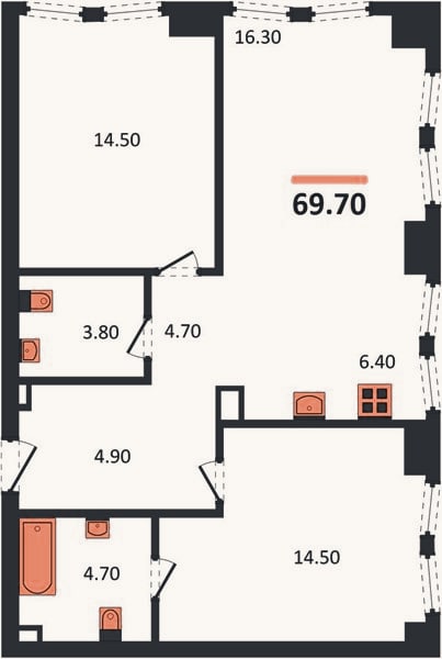 Планировка: 2-к, 69,7 м²