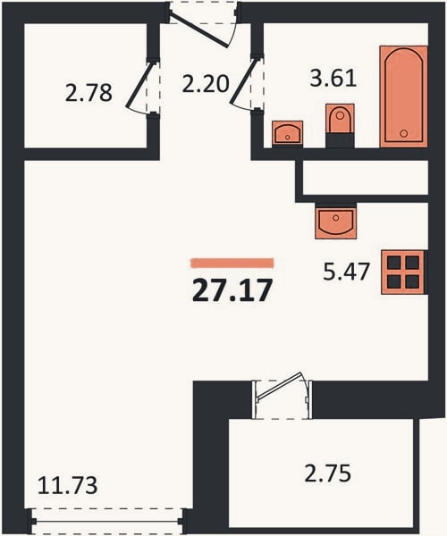 Планировка: Студия, 27,2 м²