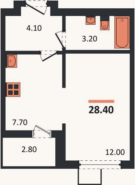 Планировка: 1-к, 28,4 м²
