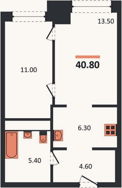 Планировка: 1-к, 40,8 м²