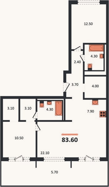 Планировка: 2-к, 83,6 м²