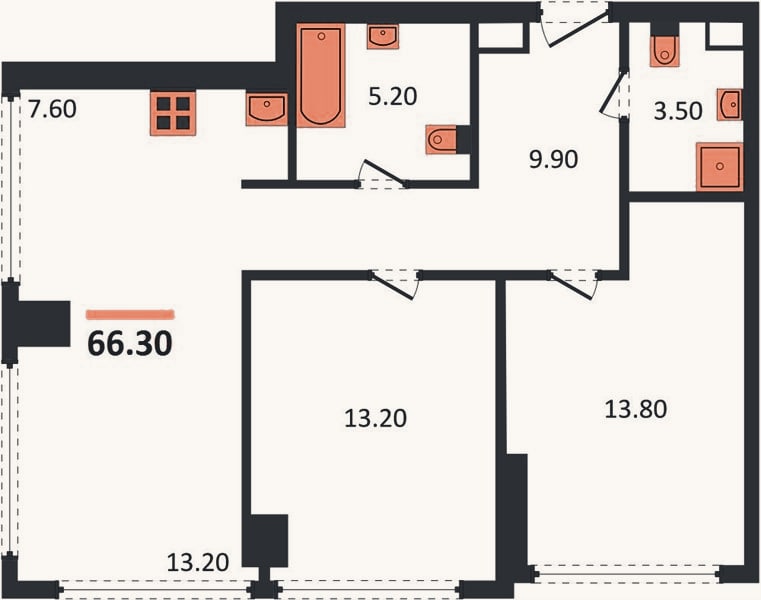 Планировка: 2-к, 66,3 м²