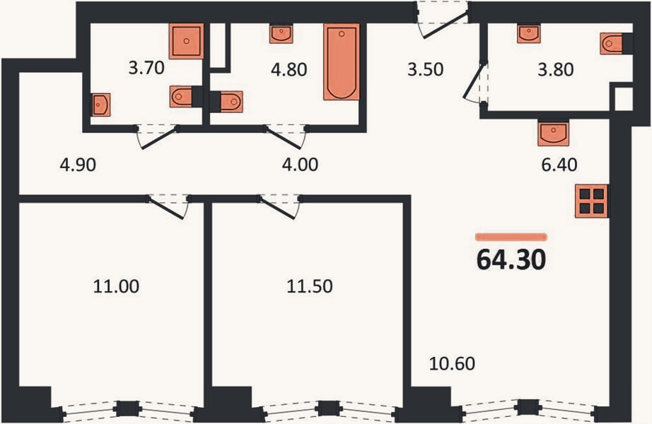 Планировка: 2-к, 64,3 м²