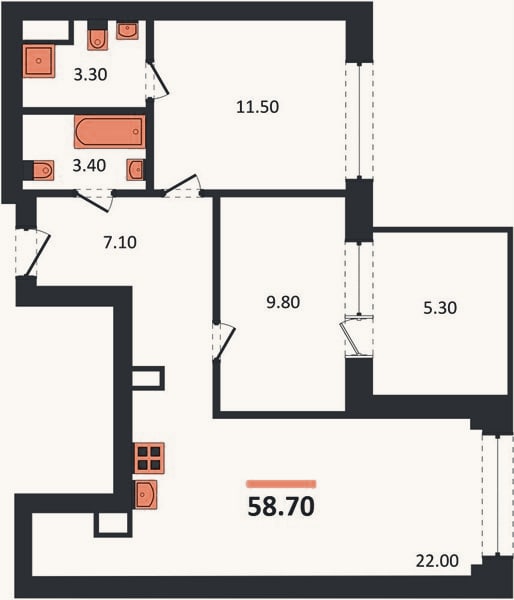 Планировка: 2-к, 58,7 м²