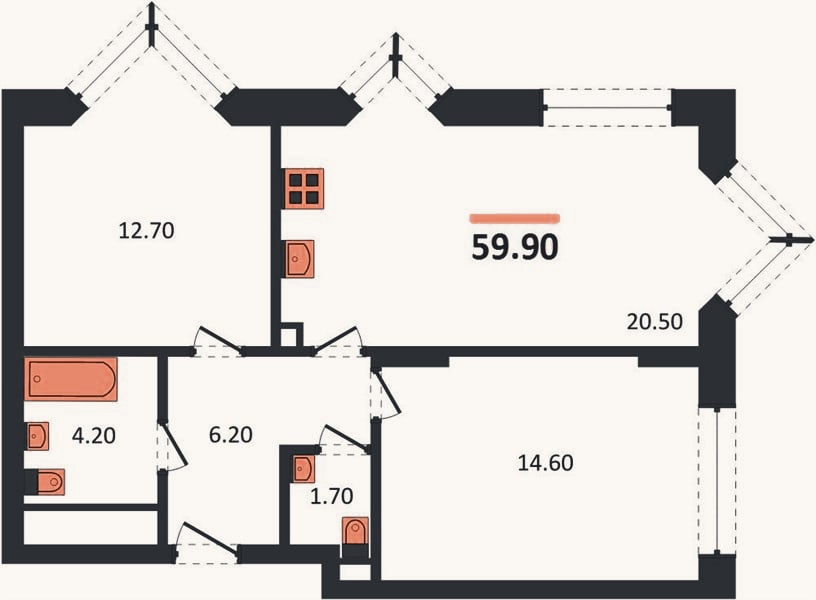 Планировка: 2-к, 59,9 м²