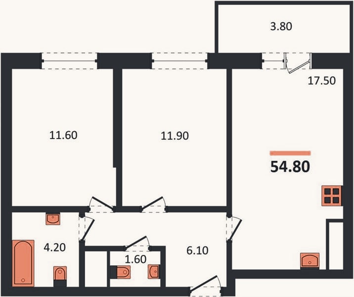 Планировка: 2-к, 54,8 м²