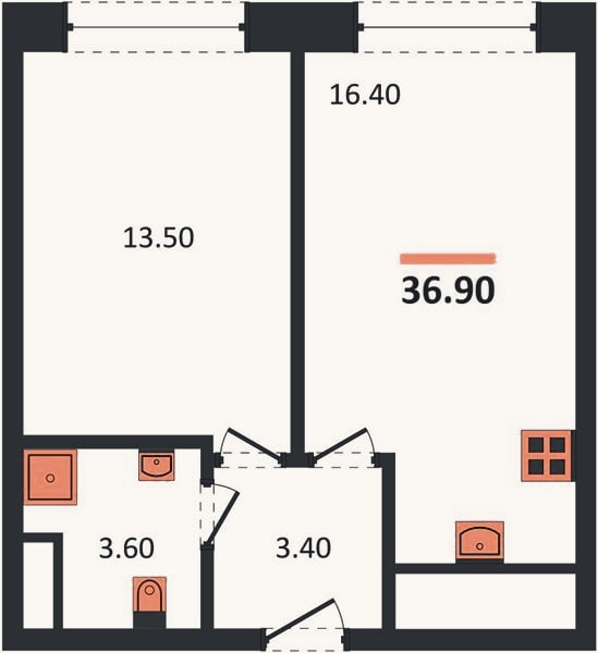 Планировка: 1-к, 36,9 м²
