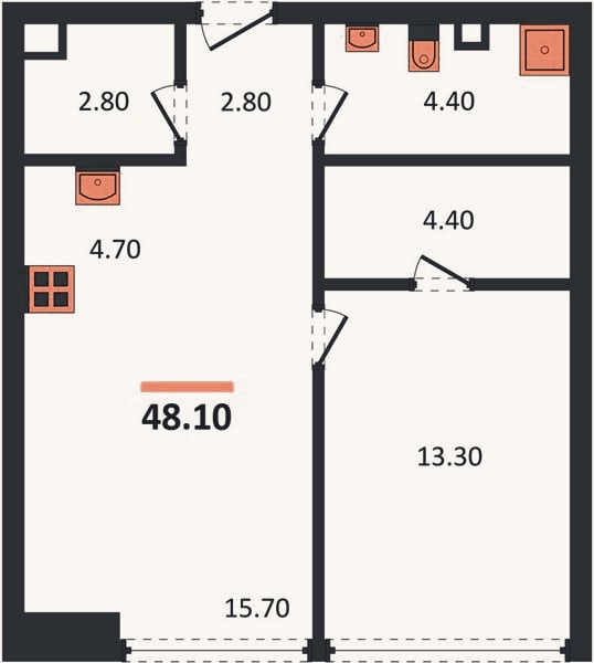 Планировка: 1-к, 48,1 м²