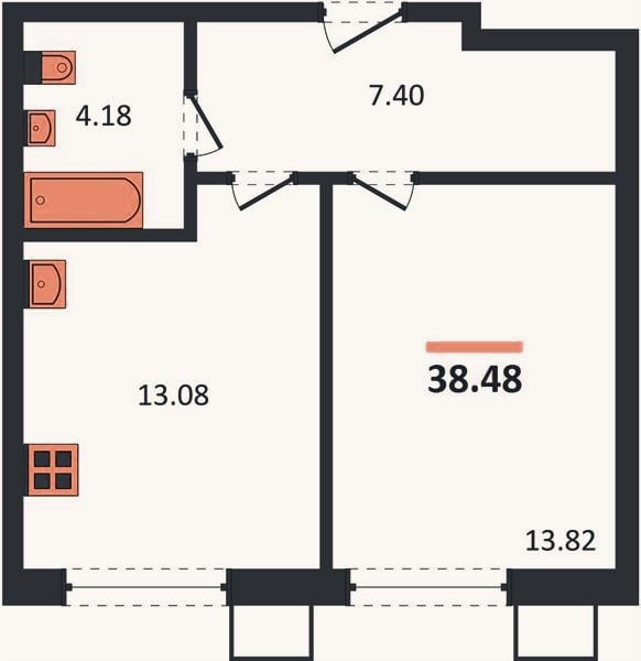 Планировка: 1-к, 38,5 м²
