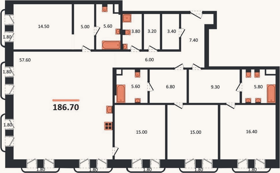 Планировка: 4+ к, 186,7 м²