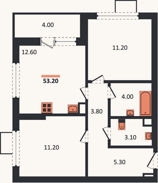 Планировка: 2-к, 53,2 м²