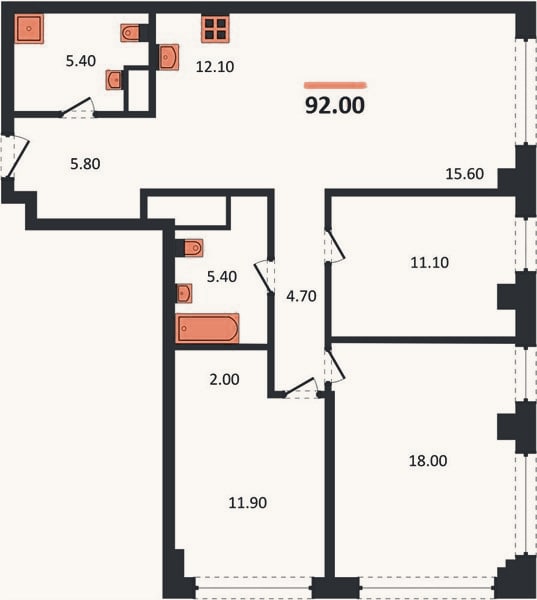 Планировка: 3-к, 92 м²