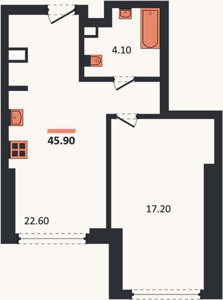 Планировка: 1-к, 45,9 м²