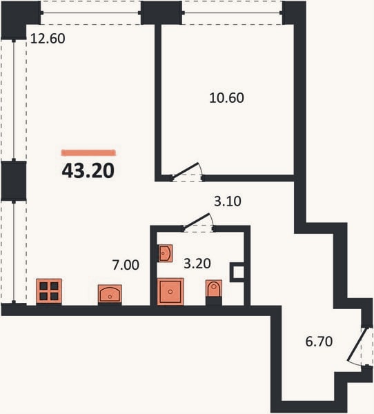 Планировка: 1-к, 43,7 м²