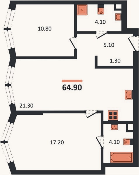 Планировка: 2-к, 64,9 м²