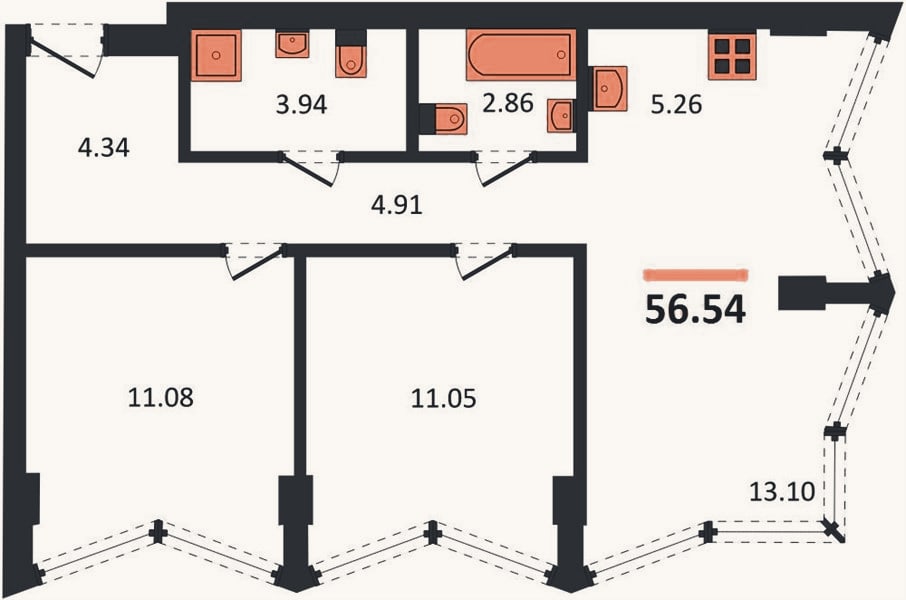 Планировка: 2-к, 56,5 м²