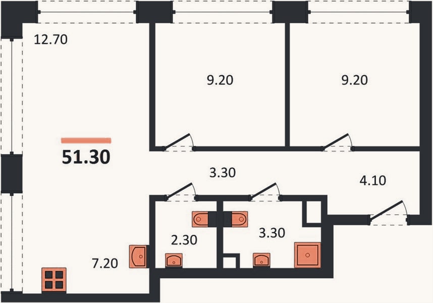 Планировка: 2-к, 51,8 м²