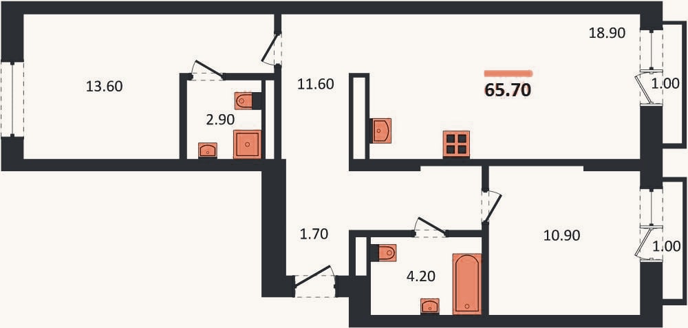 Планировка: 2-к, 65,7 м²