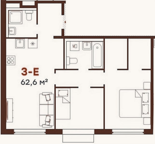 Планировка: 2-к, 62,6 м²