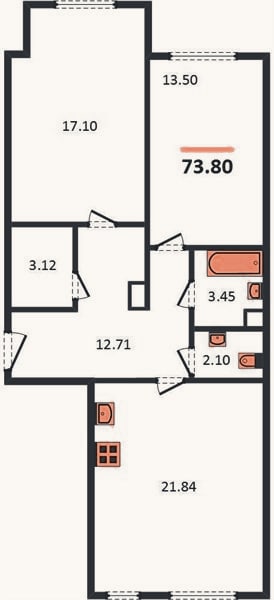 Планировка: 2-к, 73,8 м²