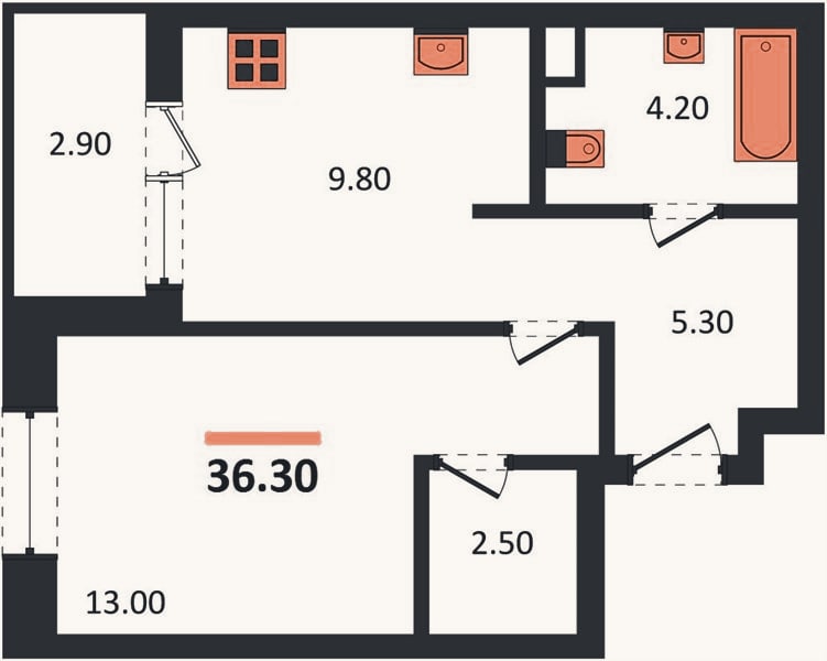 Планировка: 1-к, 36,3 м²