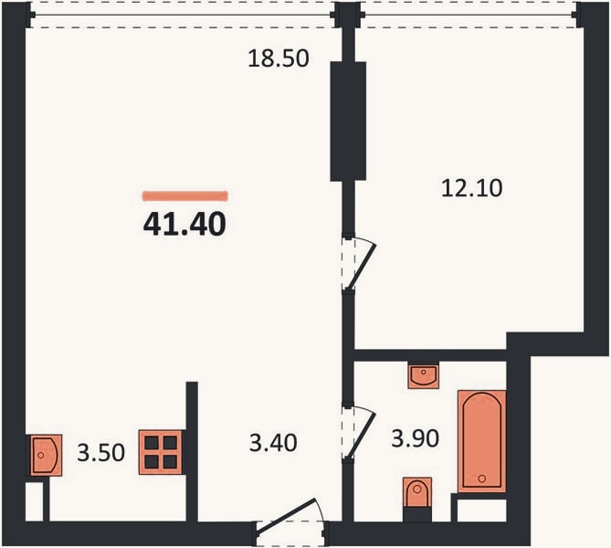 Планировка: 1-к, 41,4 м²