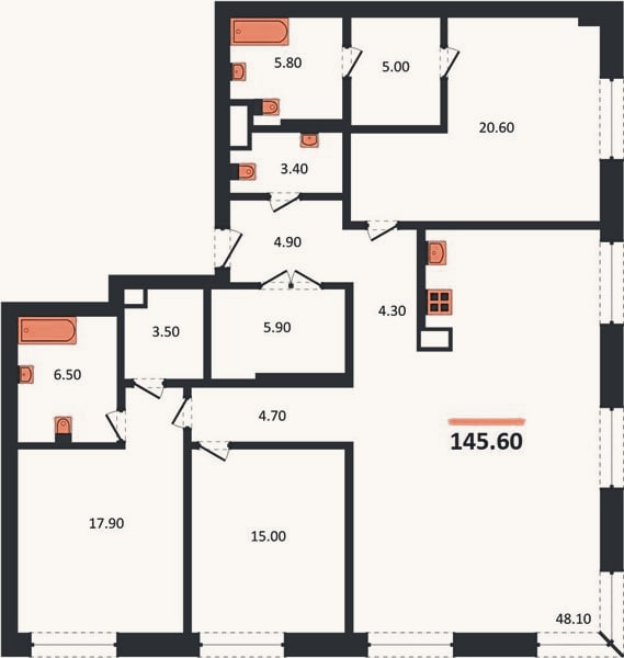 Планировка: 3-к, 145,6 м²