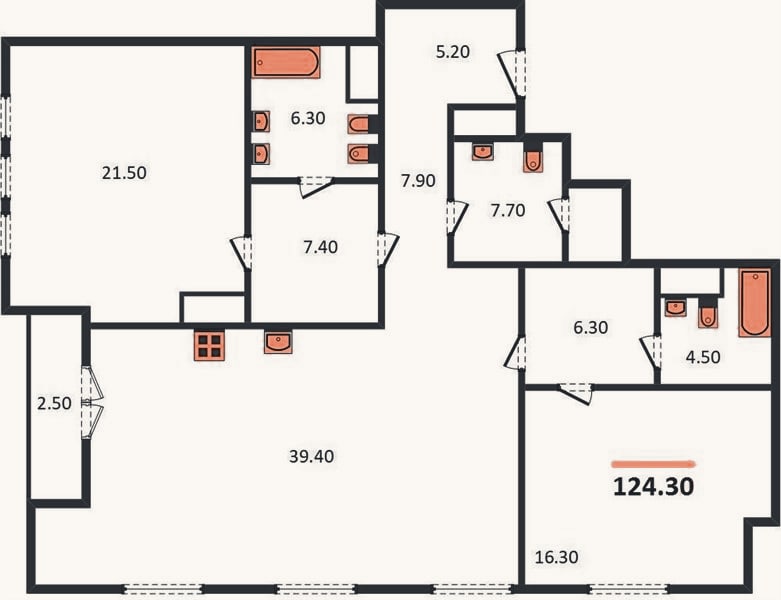 Планировка: 2-к, 124,5 м²