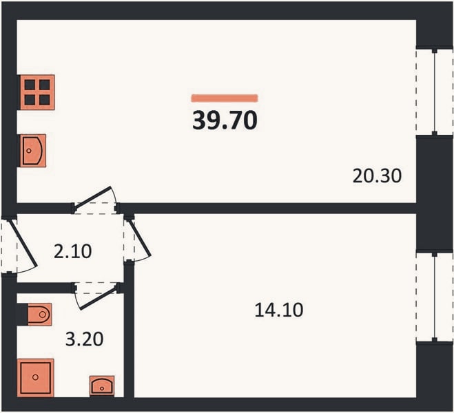Планировка: 1-к, 39,7 м²