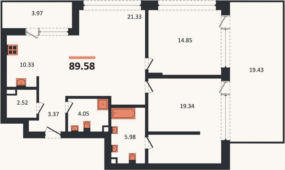 Планировка: 2-к, 89,6 м²