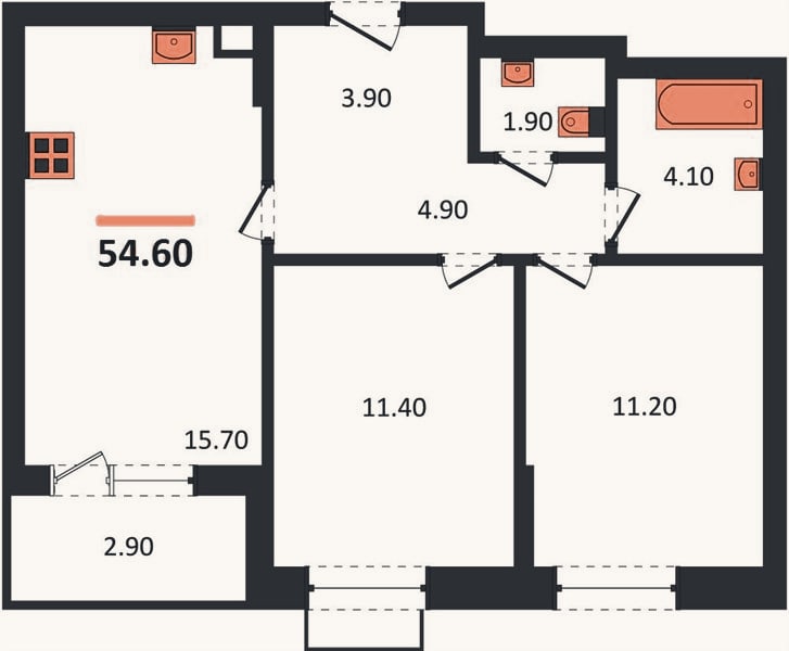 Планировка: 2-к, 54,6 м²