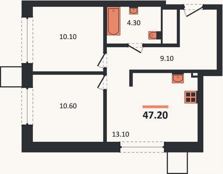Планировка: 2-к, 47,2 м²