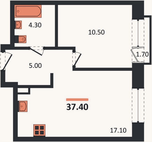 Планировка: 1-к, 37,4 м²