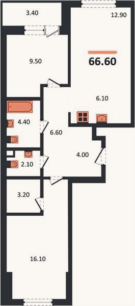 Планировка: 2-к, 66,6 м²