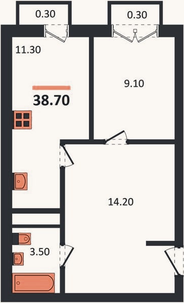 Планировка: 1-к, 38,7 м²