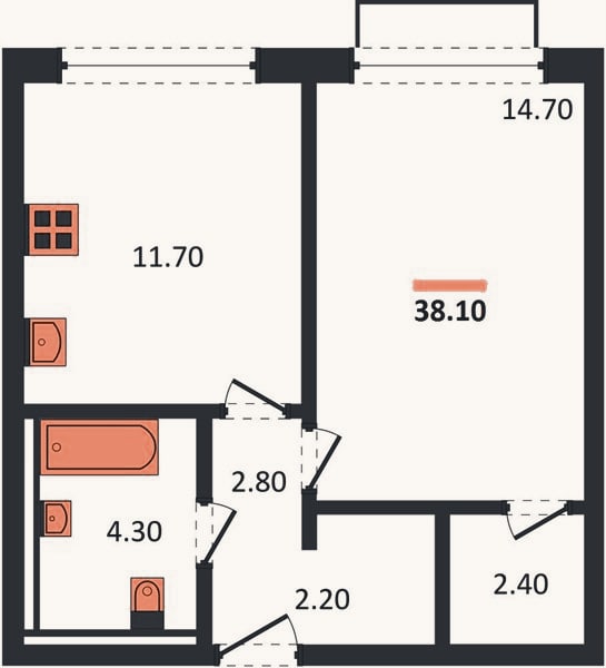 Планировка: 1-к, 38,1 м²