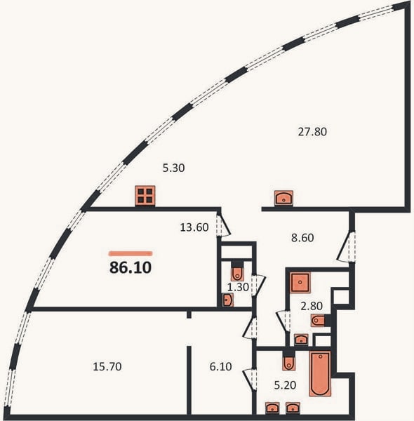 Планировка: 2-к, 86,1 м²