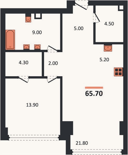 Планировка: 1-к, 65,7 м²