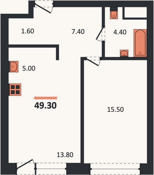 Планировка: 1-к, 49,3 м²
