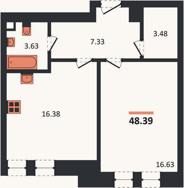 Планировка: 1-к, 48,4 м²