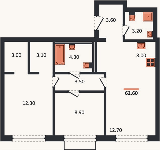 Планировка: 2-к, 62,6 м²