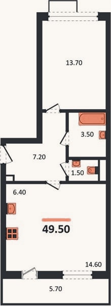 Планировка: 1-к, 49,5 м²