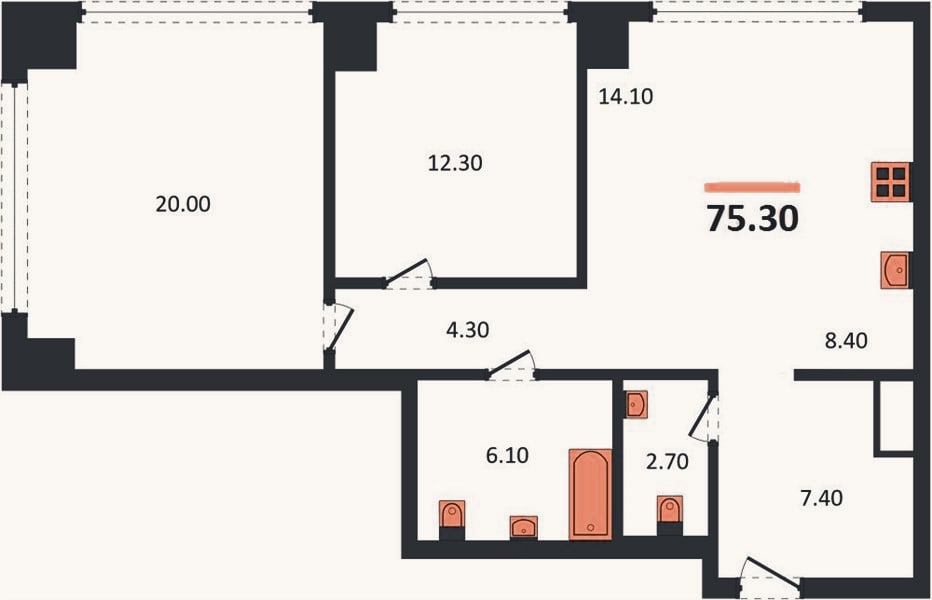 Планировка: 2-к, 75,3 м²