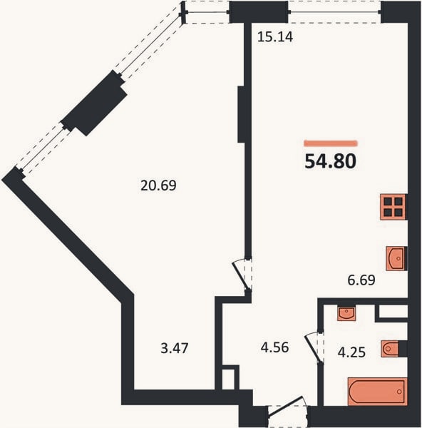 Планировка: 1-к, 54,8 м²