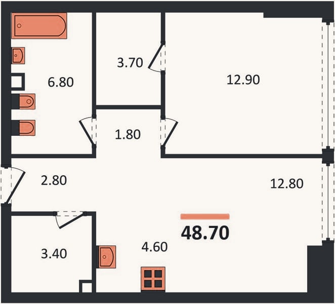 Планировка: 1-к, 48,7 м²