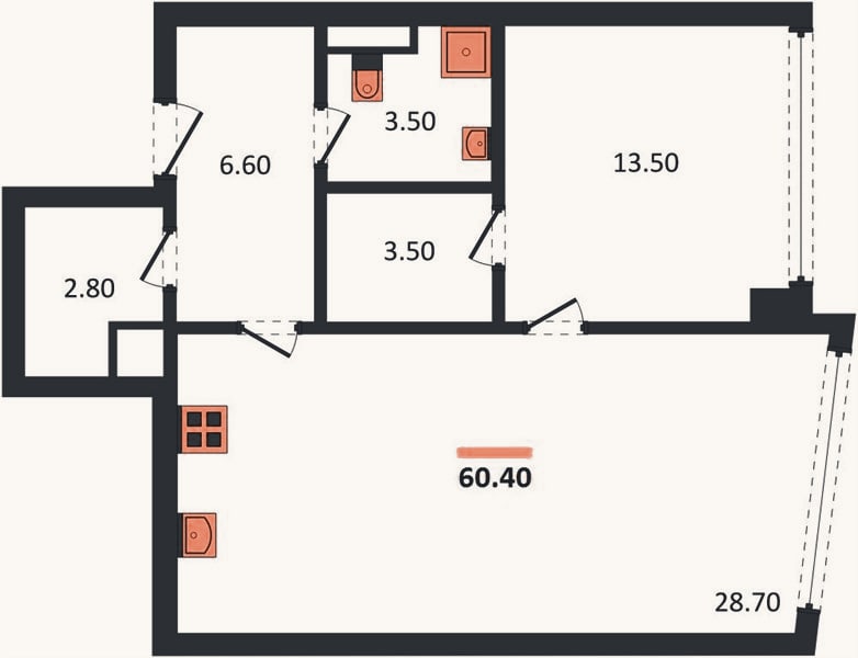 Планировка: 1-к, 60,4 м²