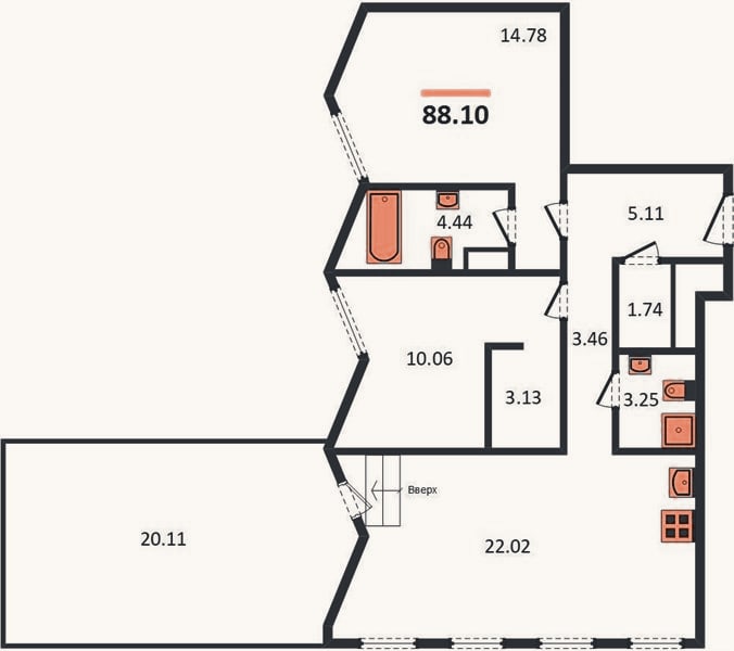 Планировка: 2-к, 88,1 м²
