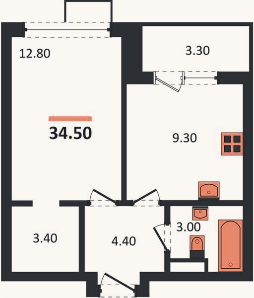 Планировка: 1-к, 34,5 м²
